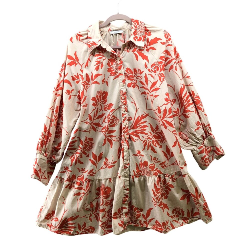 Reserved Floral Shirt Dress Womens M Beige Orange Floral‎ Long Sleeve Peplum